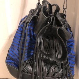 Katherine Kwei blue zebra print blk leather fringe